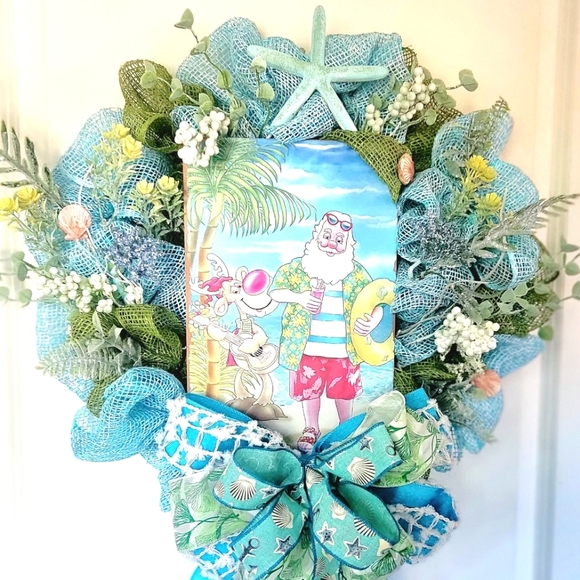 Christmas Beach Santa Wreath Coastal Starfish Rudolph Deco Mesh Bow - Picture 2 of 8